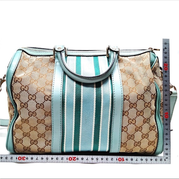 Gucci Vintage Blue & Green Web Boston Bag GG Canvas Medium Duffle Doctor W/Strap - Picture 2 of 9